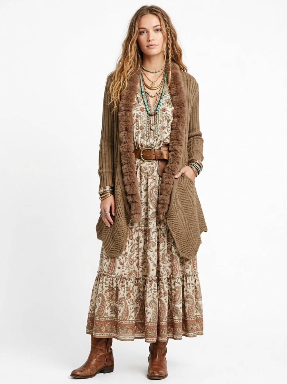Goblincore Rabbit Fur Long Cardigan Ribbed Knit Pom Pom Earthy Hobbit Cozy Boho
